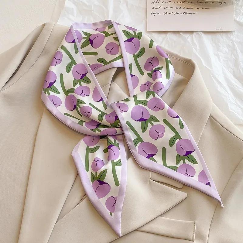 Silk Long Scarf Women Leopard Flamingo Print Luxury Hairband Narrow Scarves Small Neckerchief Summer Headband Ribbons Female