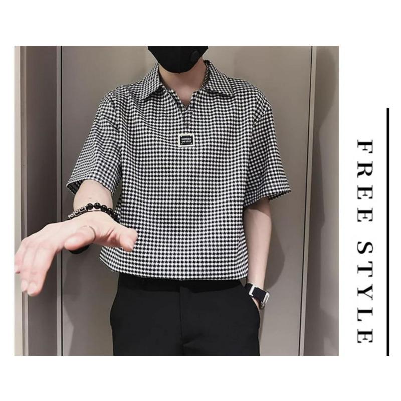 Men's Plaid Short Sleeve Polo Shirt Collar Half-Zip Casual Oversized Top
