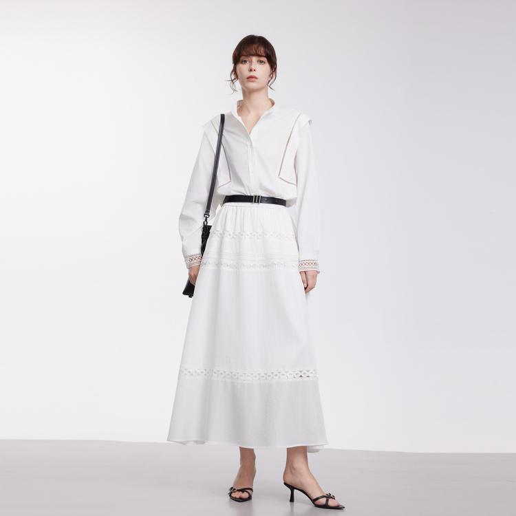 ELLE Romantic Simple Casual Long Skirt With Lace Splicing Women Skirts White ER50921