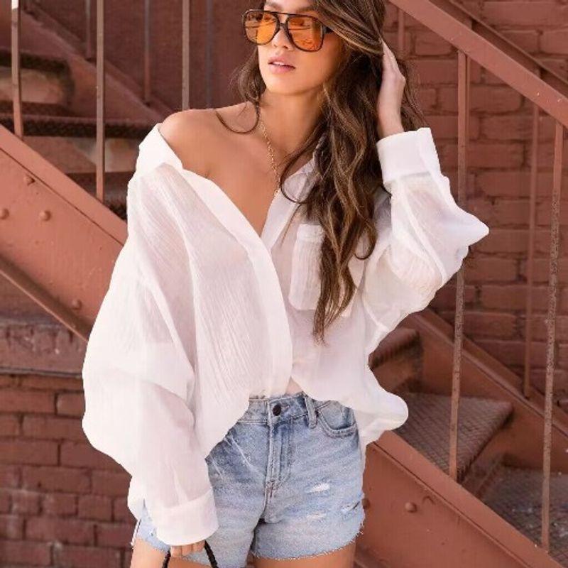 

Spring and Summer Polo Single-Breasted White Collar Crepe Cloth Loose Beach Bikini Blouse Sun Protection Clothing Shirt Air Conditioning Shirt White XL