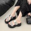 Stepping on shit feels thick-bottomed slope heel rhinestone outer slippers women's summer new versatile square head open-toed sandals