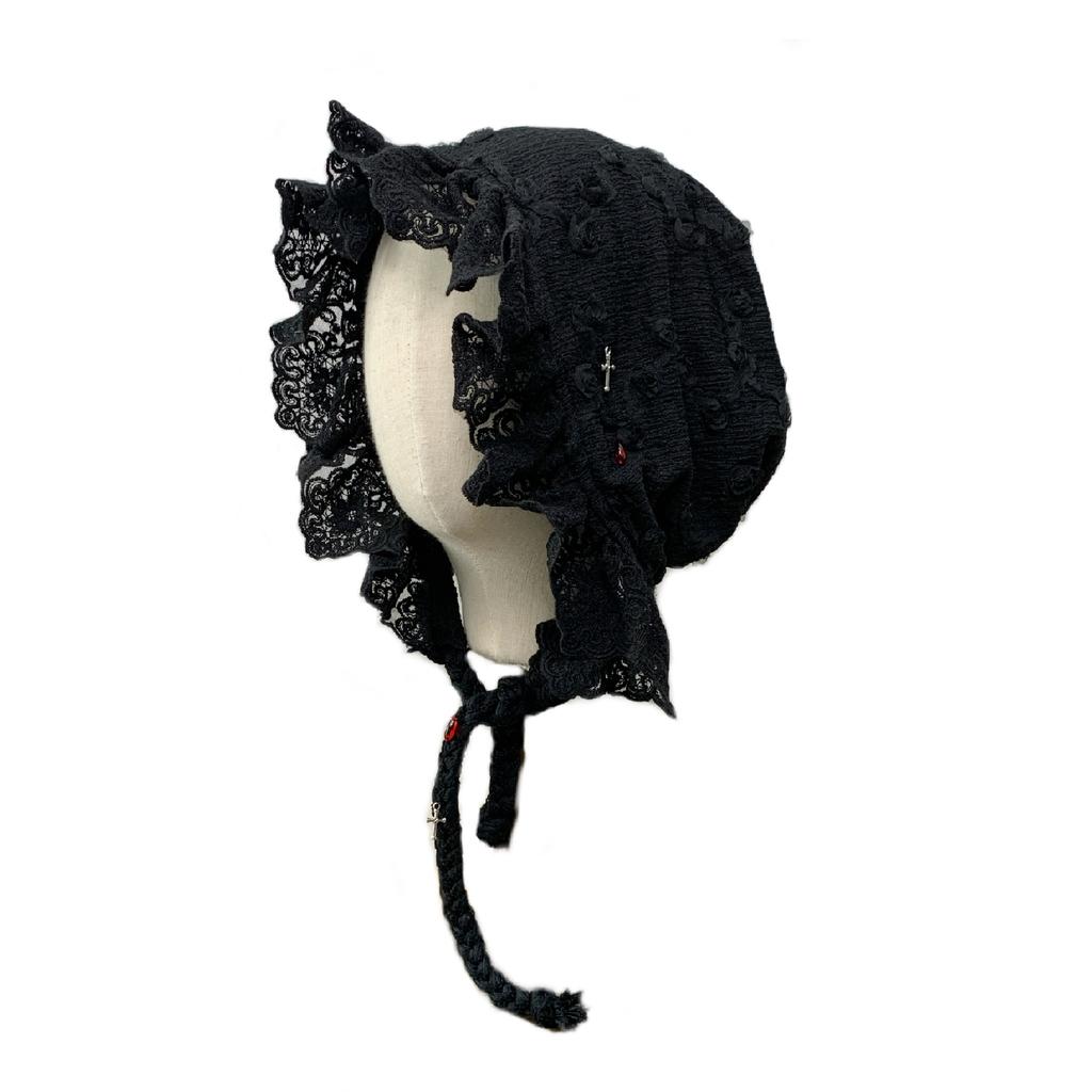 Lolita Lace Bonnet Hat for Women Goth Punk Soft Victorian Style Village Cap Head Covering Girls Lolita Costume Props Headpiece