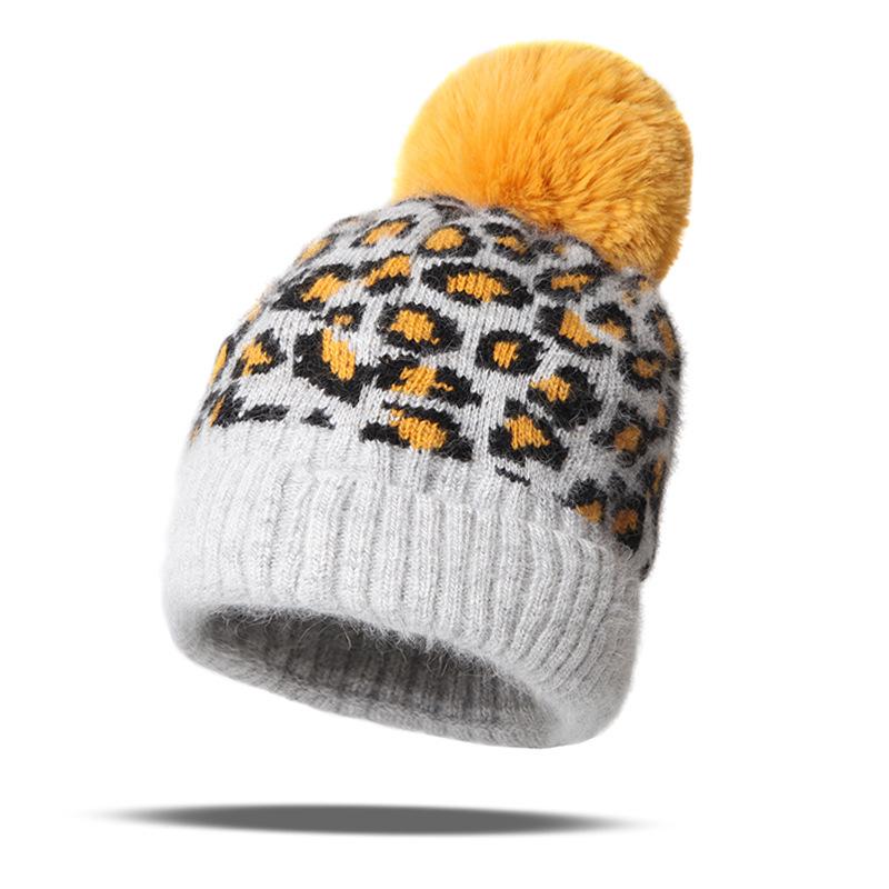 Autumn and winter pullover hat children's leopard print cashmere jacquard knitted hat hairball wool hat light luxury fan