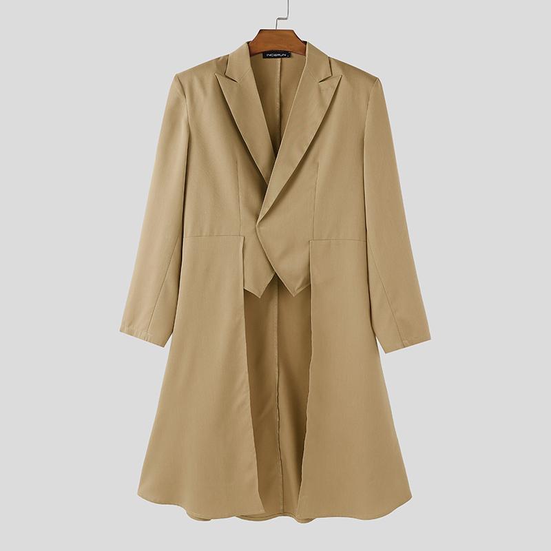 INCERUN Men Turn-down Collar Long Sleeve Irregular High Low Splits Ruffled Thin Blazer Coats