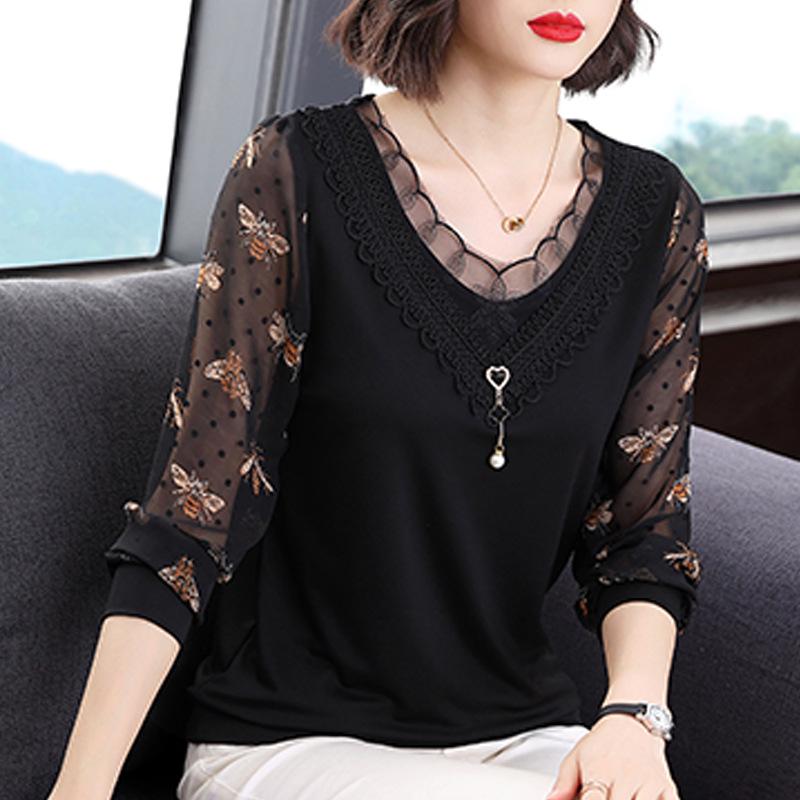 

Женская кружевная рубашка с длинными рукавами 2023 года на весну и осень XXXXL чёрный