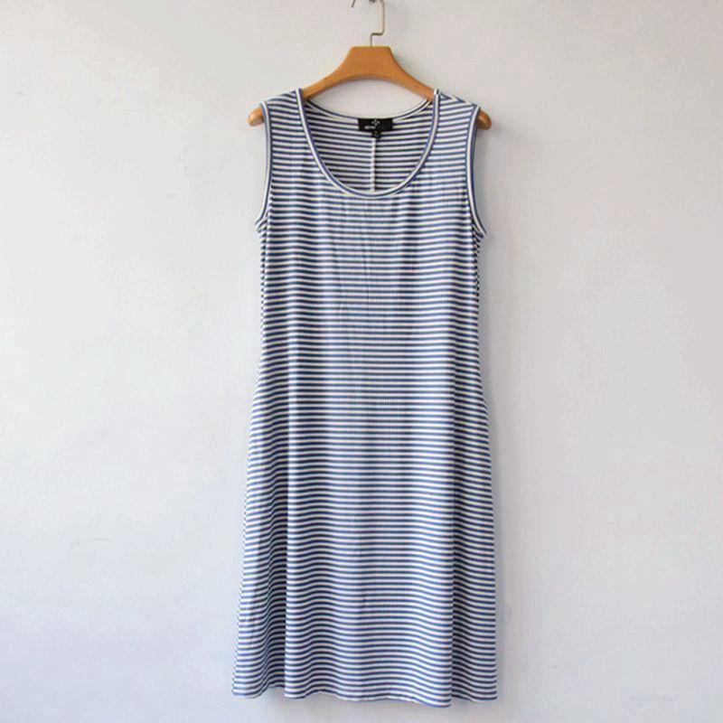Export Women's Summer Thin Knitting Sunken Stripe Stretch Sleeveless Nightdress Mid Length Long Length Vest Style Pajamas Home Skirt