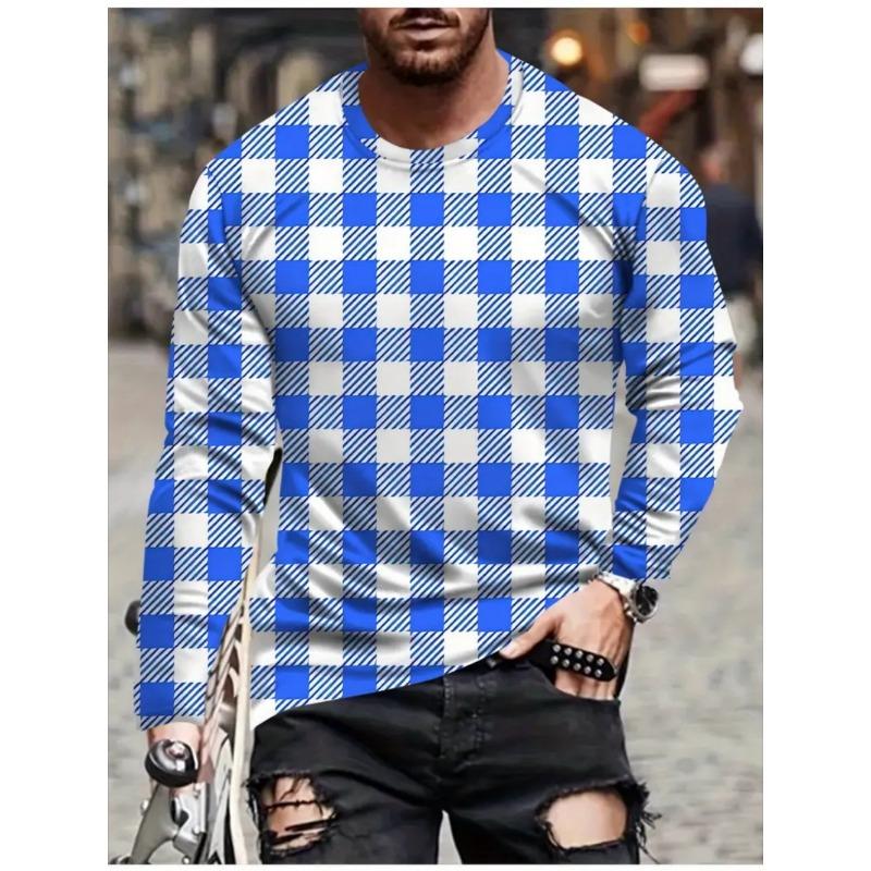 T Shirts for Man Geometric Block 3D Print Autumn Long Sleeve T-Shirt Pullover Casual Male Tops Street Lightweight Men's Clothes