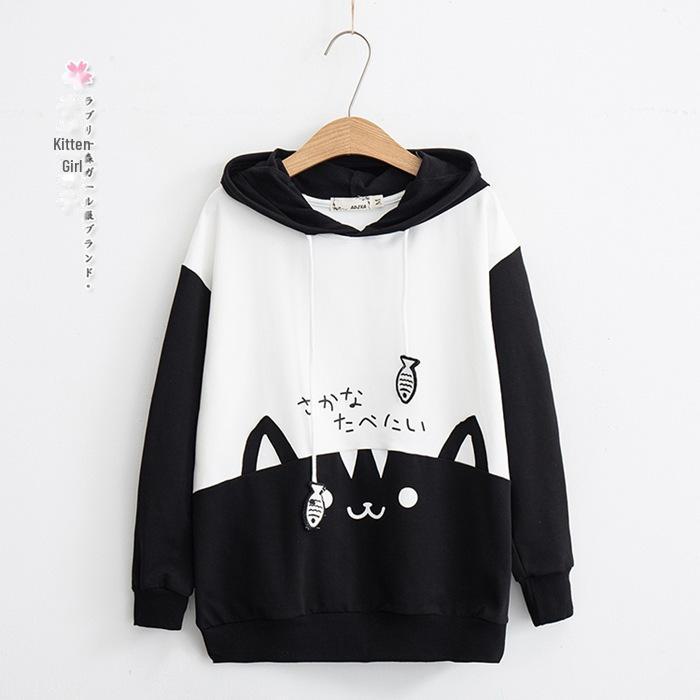 

Mori Girl Осенний Кот Лоскутный Повседневный свитер с капюшоном M чёрный