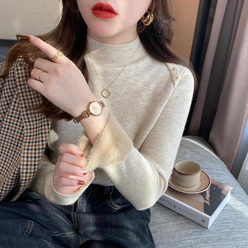 Dámský jednobarevný pulovr s dlouhým rukávem s přidaným sametem a silnou tloušťkou, módní ležérní pletený svetr na podzim a zimu