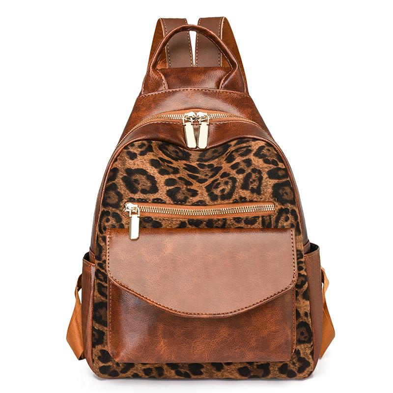 Vintage Leopard Print Women's PU Backpack Large Capacity Backpack
