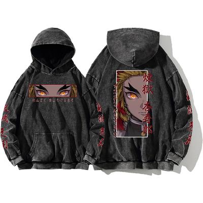 Rengoku Kyoujurou Printed Hoodie Demon Slayer Sweatshirt Men Women Clothing Long Sleeve Streetwear Washed Cotton Hooded Pullover