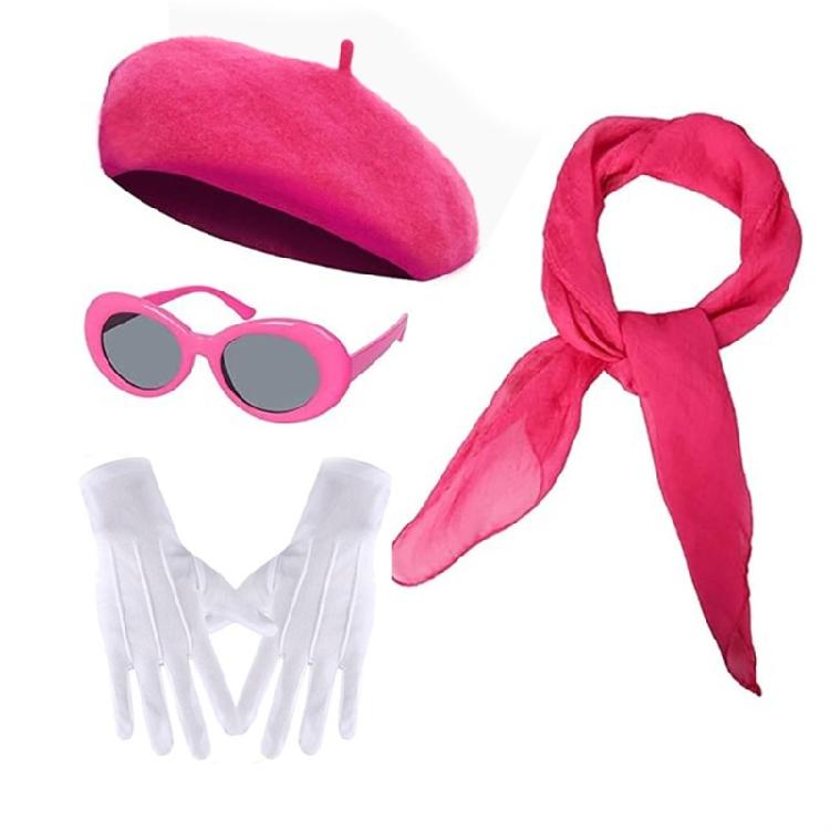 Coordinated Costume Accessory Set, 4 Piece Beret Scarf Gloves Sunglasses Kit for Halloween Party Photos, Gifts, and Styling
