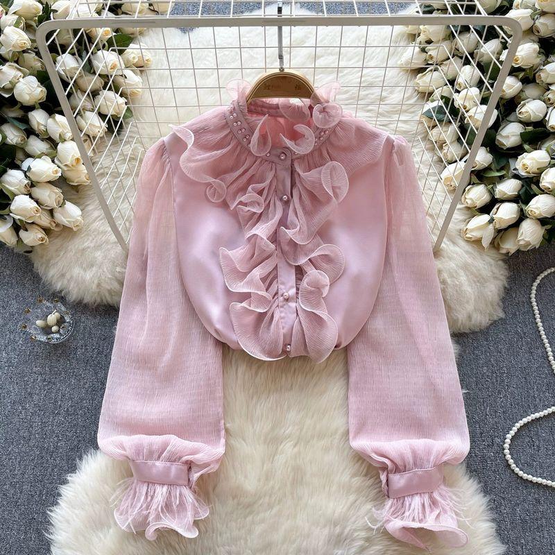 

Early Spring Pleated Ruffles Silm Tops Chiffon Shirt Pink One size