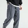 Men's Dark Blue Corduroy Casual Pants with Side Pocket and Drawstring Waist