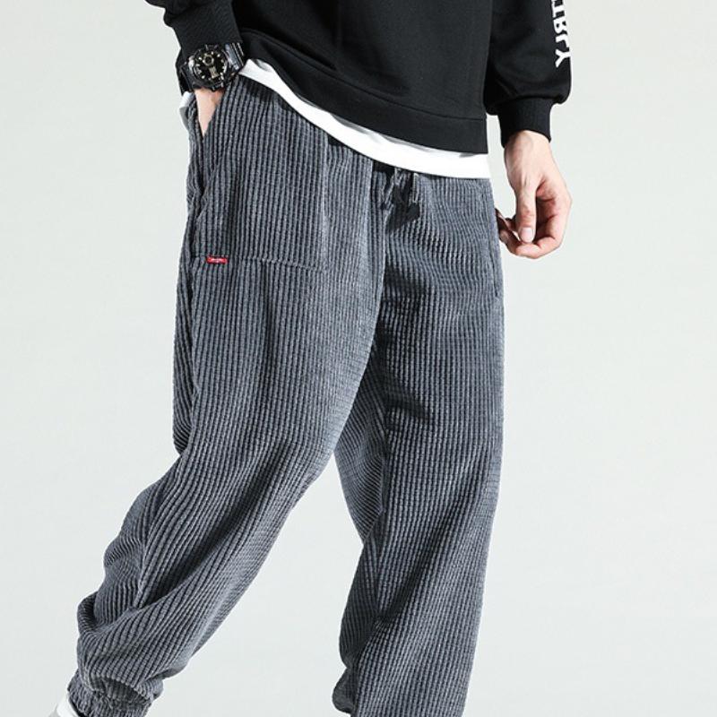 Men's Dark Blue Corduroy Casual Pants with Side Pocket and Drawstring Waist