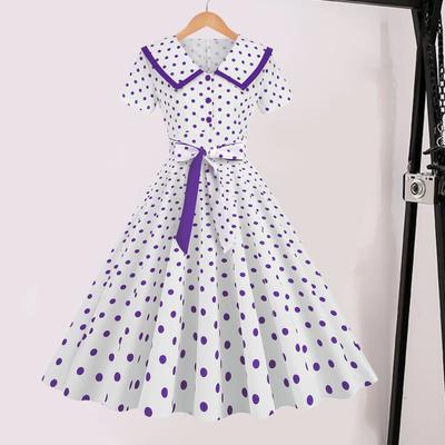 Women Party Dress Vinatge Big Hem Contrast Color Dot Print High Waist with Belt Back Zipper