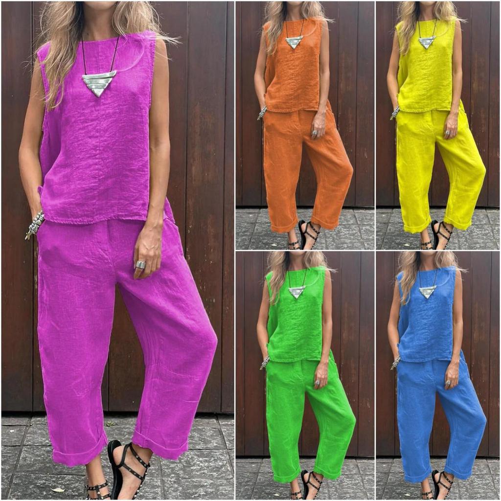2024 Spring/Summer Cotton Linen Casual Two-Piece Set: Sleeveless Top & Loose Long Pants for Women