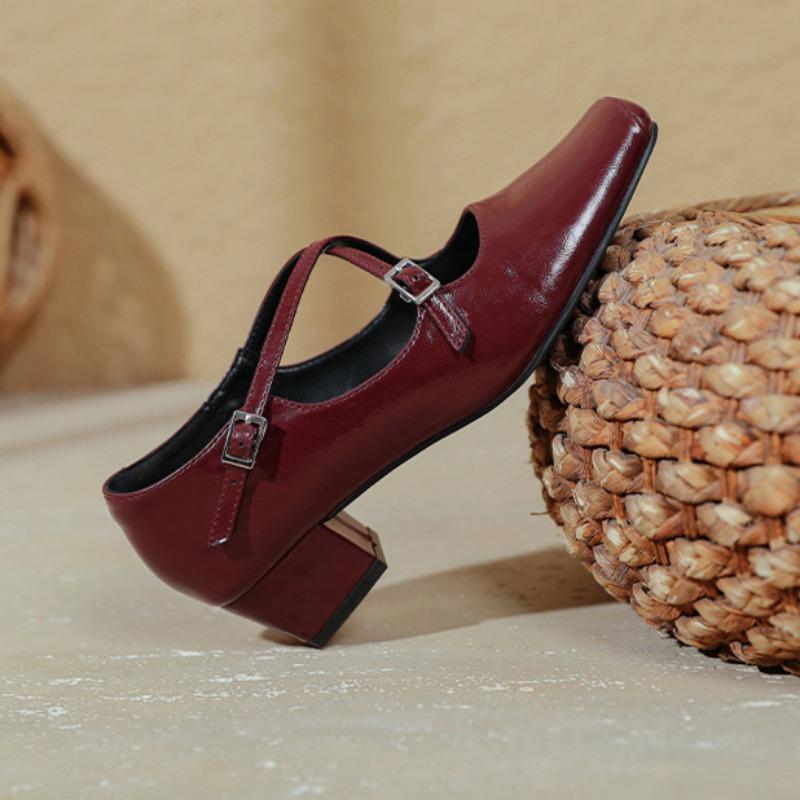 French Cross Strap Mid-heeled Shoes Small Square Toe Retro Women's Shoes Thick Heel Shallow Mouth High Heels