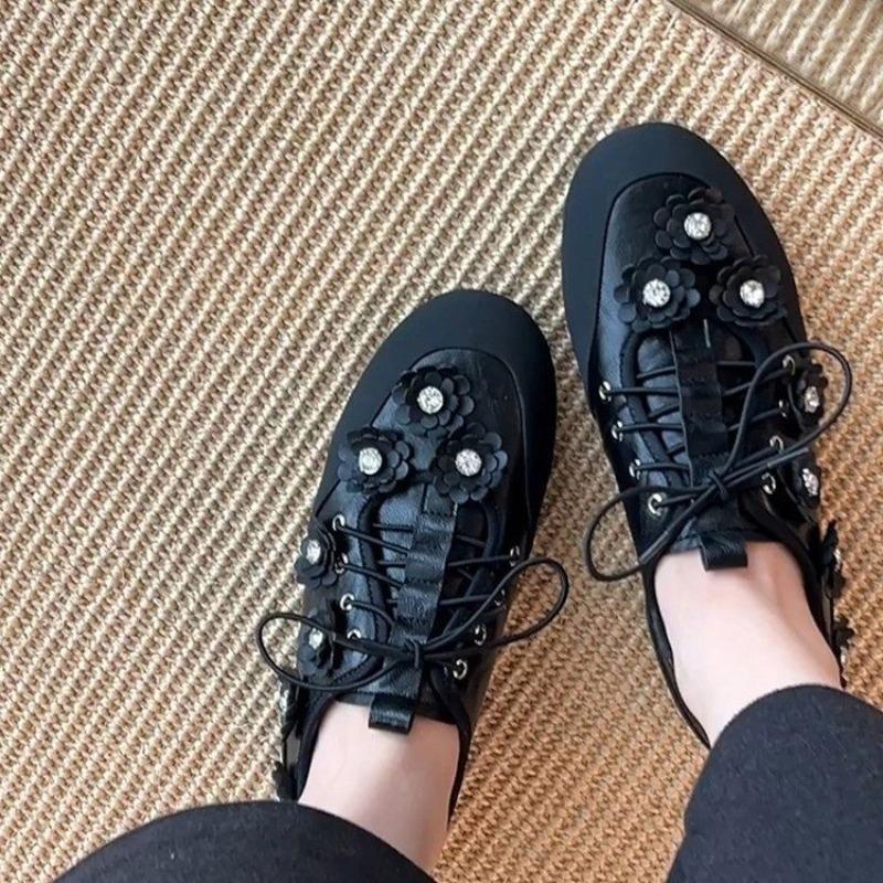 Cowhide version British style round head flower lace-up small leather shoes versatile thick heel black loafer single shoes women's derby shoes