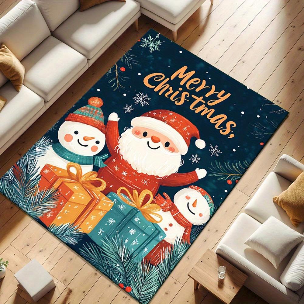 1pc Christmas Themed Rug, Santa Claus and Snowman Print, Bedside Carpet, Non slip Laundry Room Mat, Machine Washable Water Absorbing Entranc