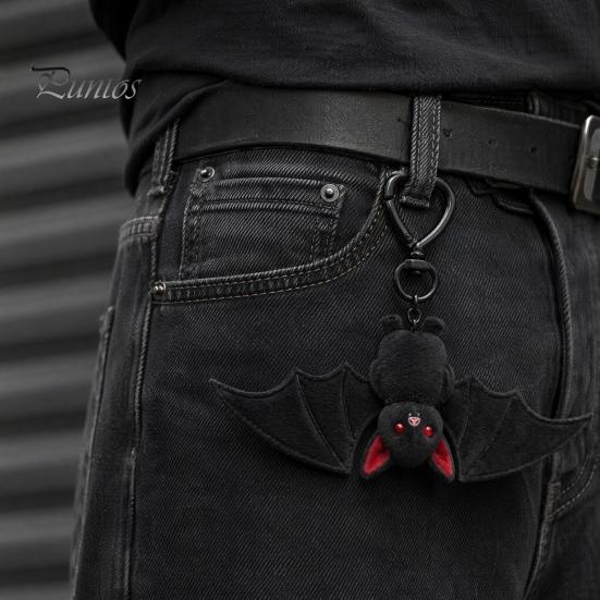 Versatile Keychain 1/2/3Pcs Pendant, Black Alloy Spring Buckle Key Chain, Double-Layer Plush Bat Denim Bag Charm Wings Holder, Goth Style Red