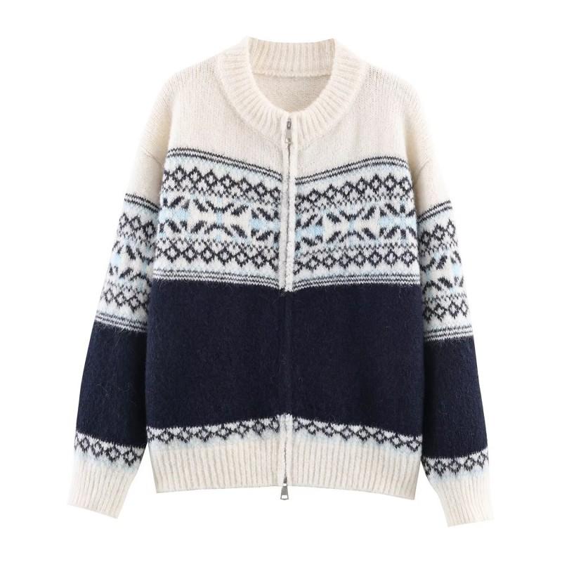 FH5152 Womens Knit Cardigan Fall Winter Premium Double Zip Jacquard Sweater