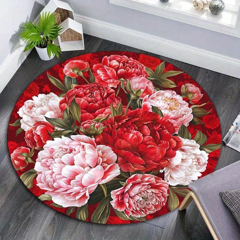 Vivid Red Peony Round Rug, Non-Slip Anti-Shedding Carpet for Living Room, Bedroom, Office Polyester Decor