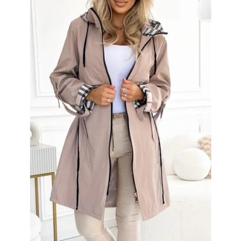 Fashion Trench Coat Women Autumn Winter Solid Color Casual Street Style Cardigan Long-sleeved Hooded Plaid