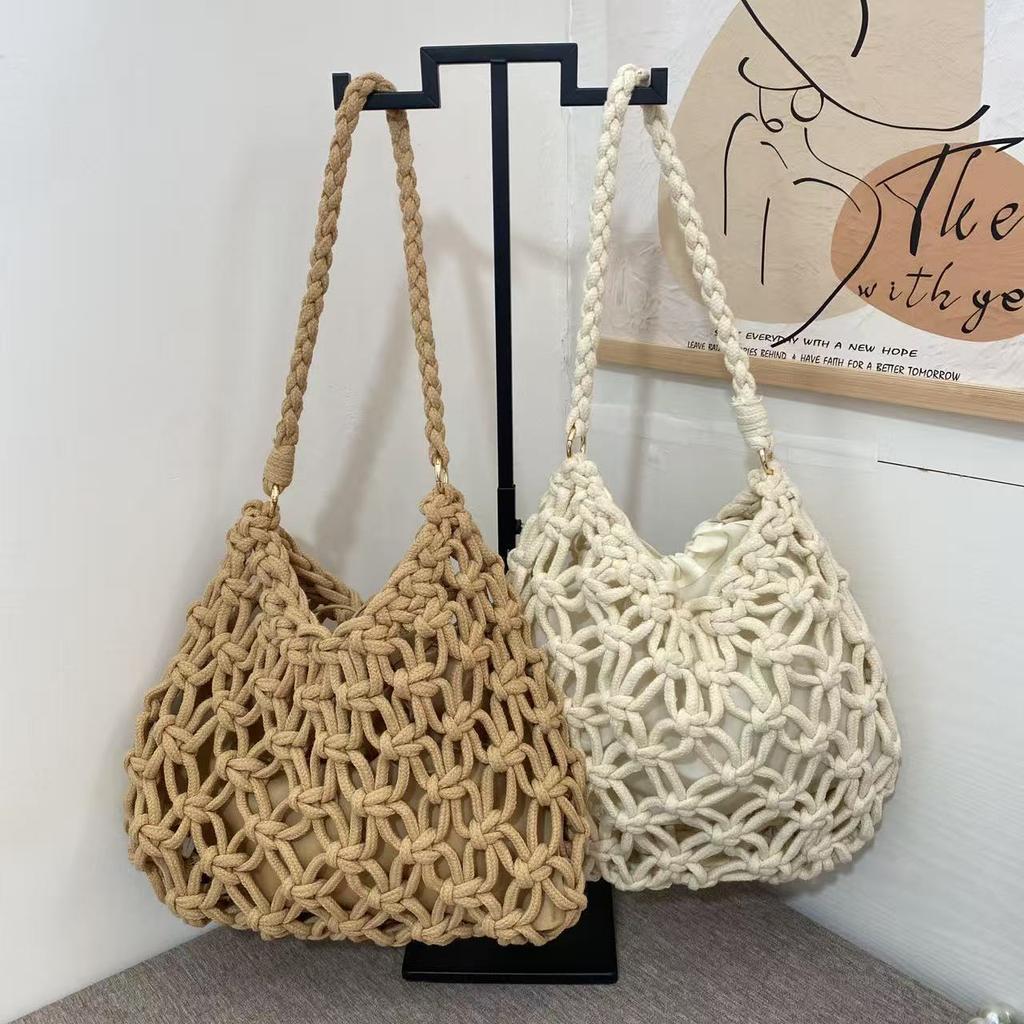 Summer Chic Solid Color Mesh Handbag Hollow Out Knitted Shoulder Bag Beach Tote Bag for Women