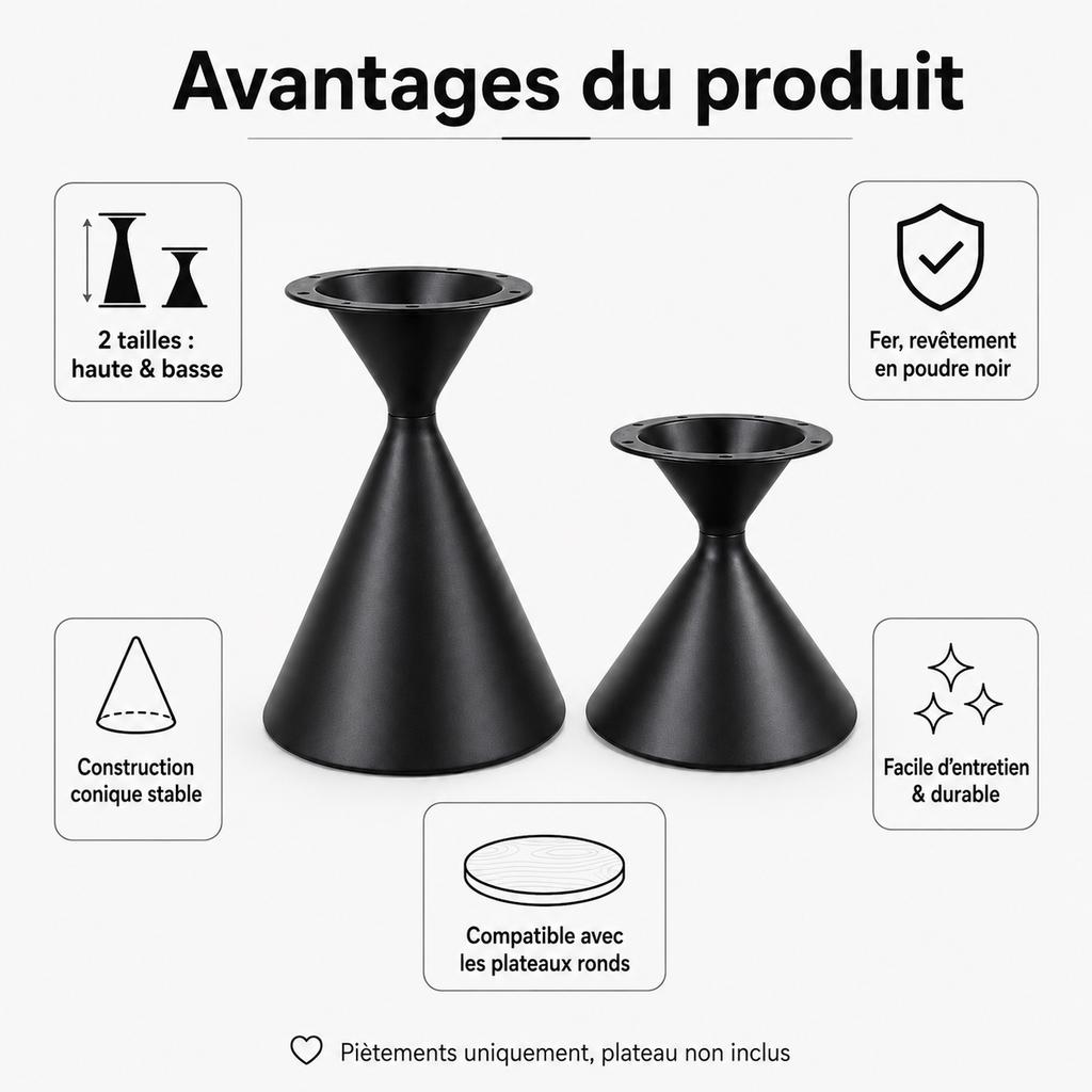 Set of 2 Table Frames made of Iron – 1 high and 1 low table leg, black powder-coated, with non-slip floor protectors – frames only, without tabletops