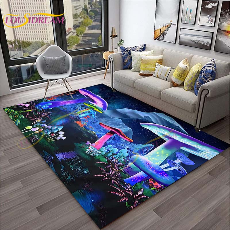 3D Starry Botanical Sun Moonlit Mushroom Rug Floral Hippie Moon Phase Carpet for Aesthetic Bedroom Living Room Vintage Game Mat