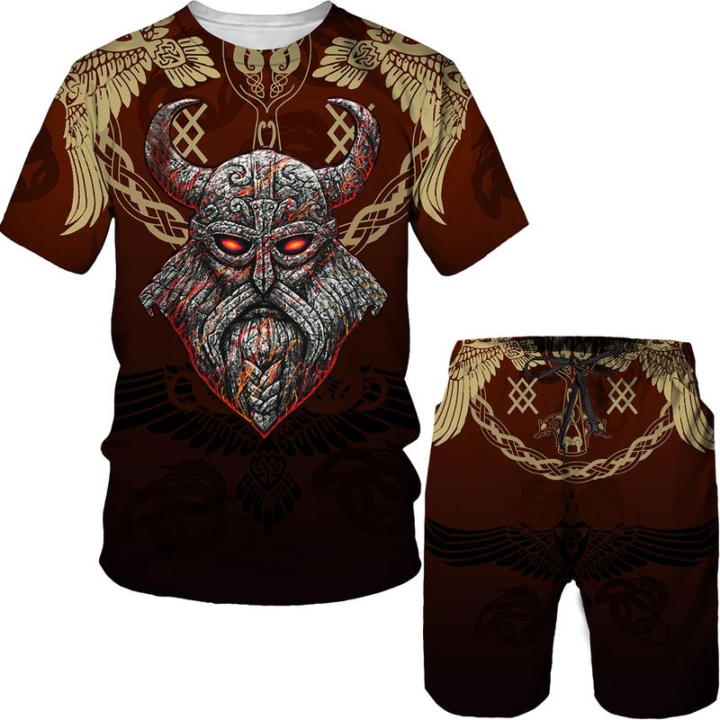Viking Summer Men T Shirt Set 3D Printed Vintage Clothes Short Sleeve Tshirts Shorts Oversized Tracksuit Fashion Men Sport Suit