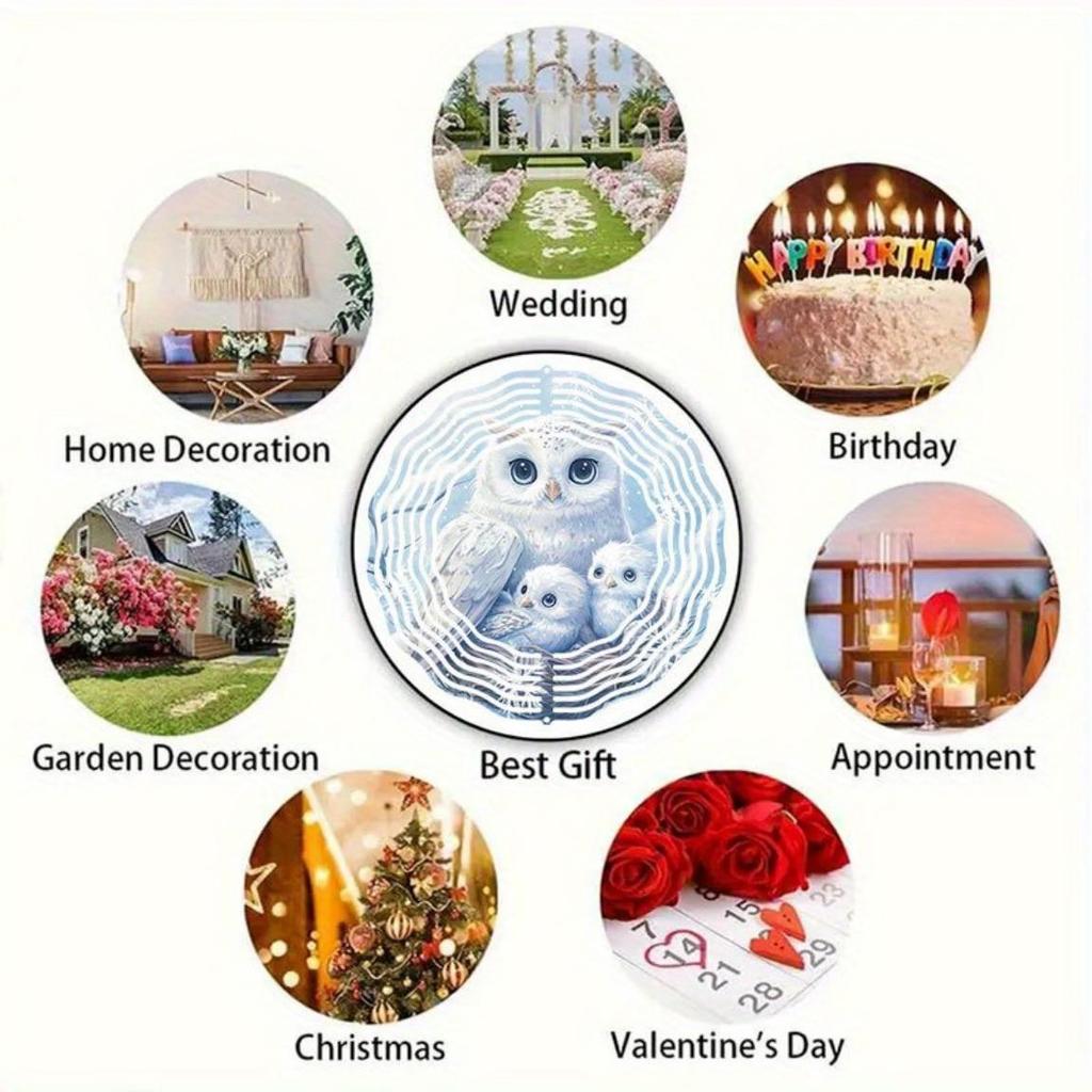 2D Mandala Wind Chime with Owl Family Pattern Metal Windmill Dynamic Sculpture for Garden Courtyard Hanging Decor Durable Outdoor