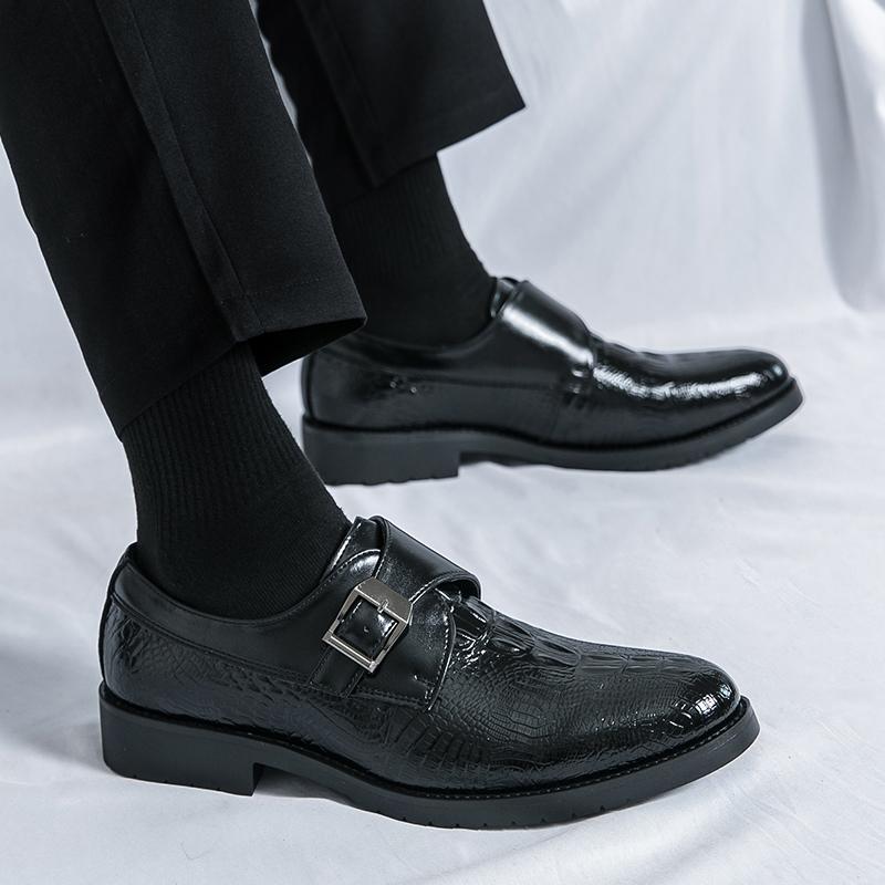 2025 Spring New Men's Business Dress Crocodile Pattern Leather Shoes Men's British Buckle One Step Stepping Groom Wedding Shoes