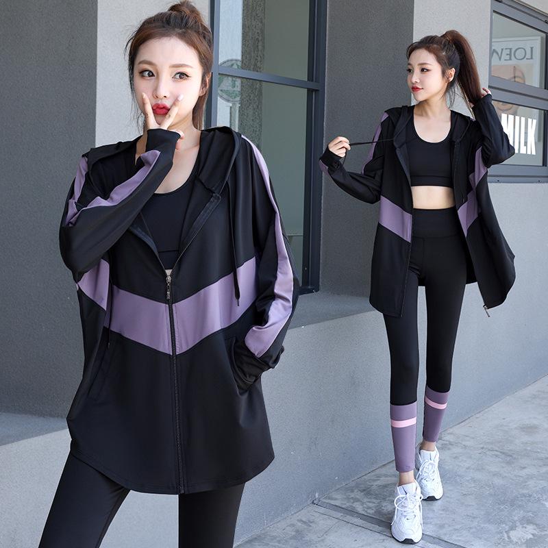 Women's Plus Size Loose Zipper Hoodie Three-Piece Sports Suit with Tapered Pants - Hip Covering, Slimming Yoga Wear