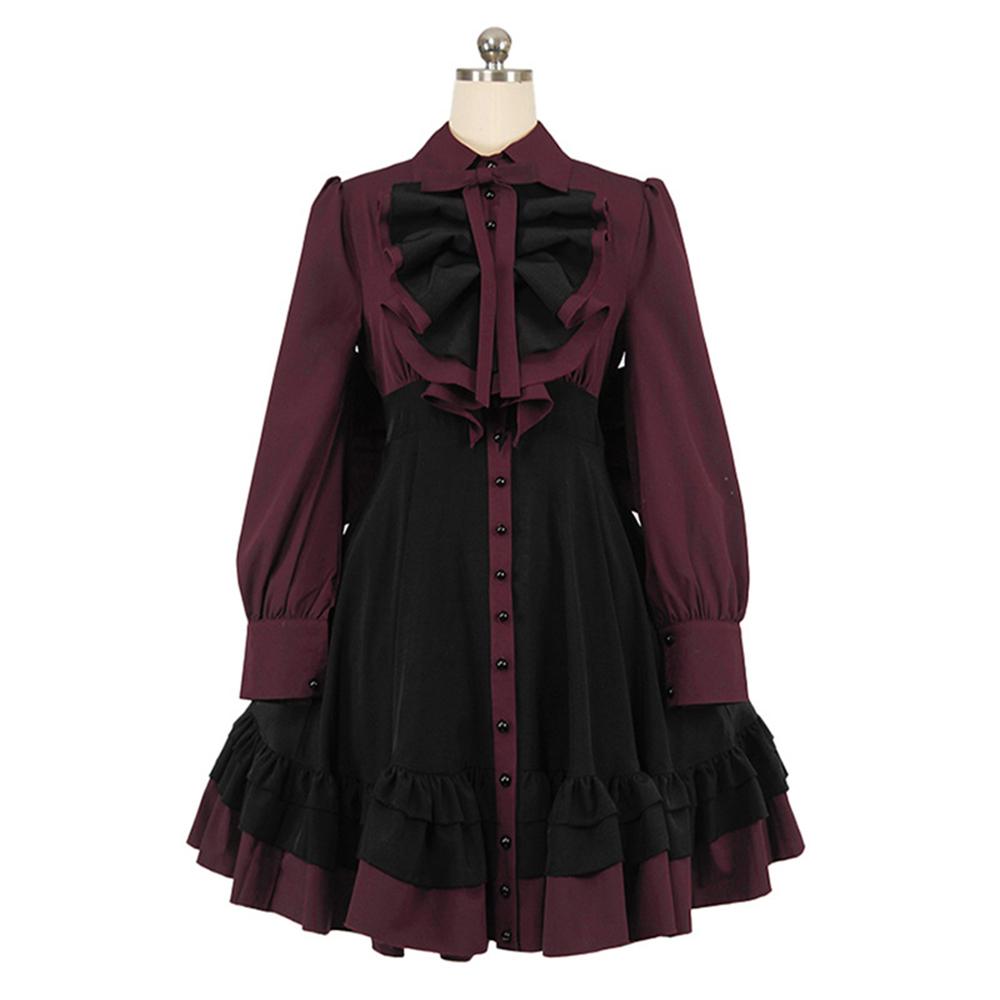 Long Sleeves Polyester Ruffle Dress with Bows, Women's Black and Red Gothic Dress for Women