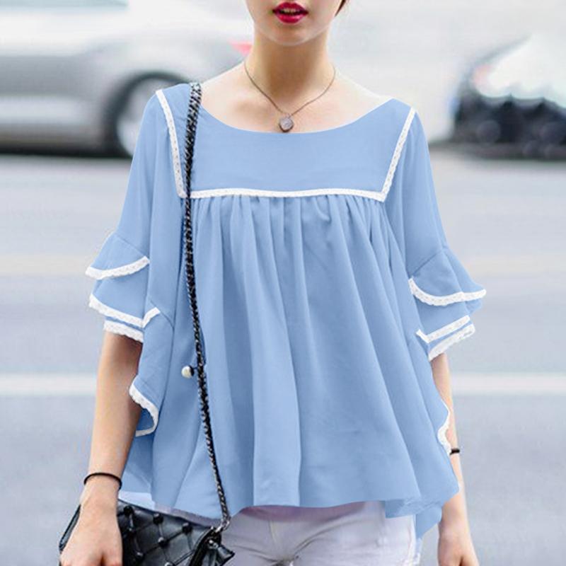 

ZANZEA Женская повседневная блузка с круглым вырезом и рукавом 3/4 4XL синий