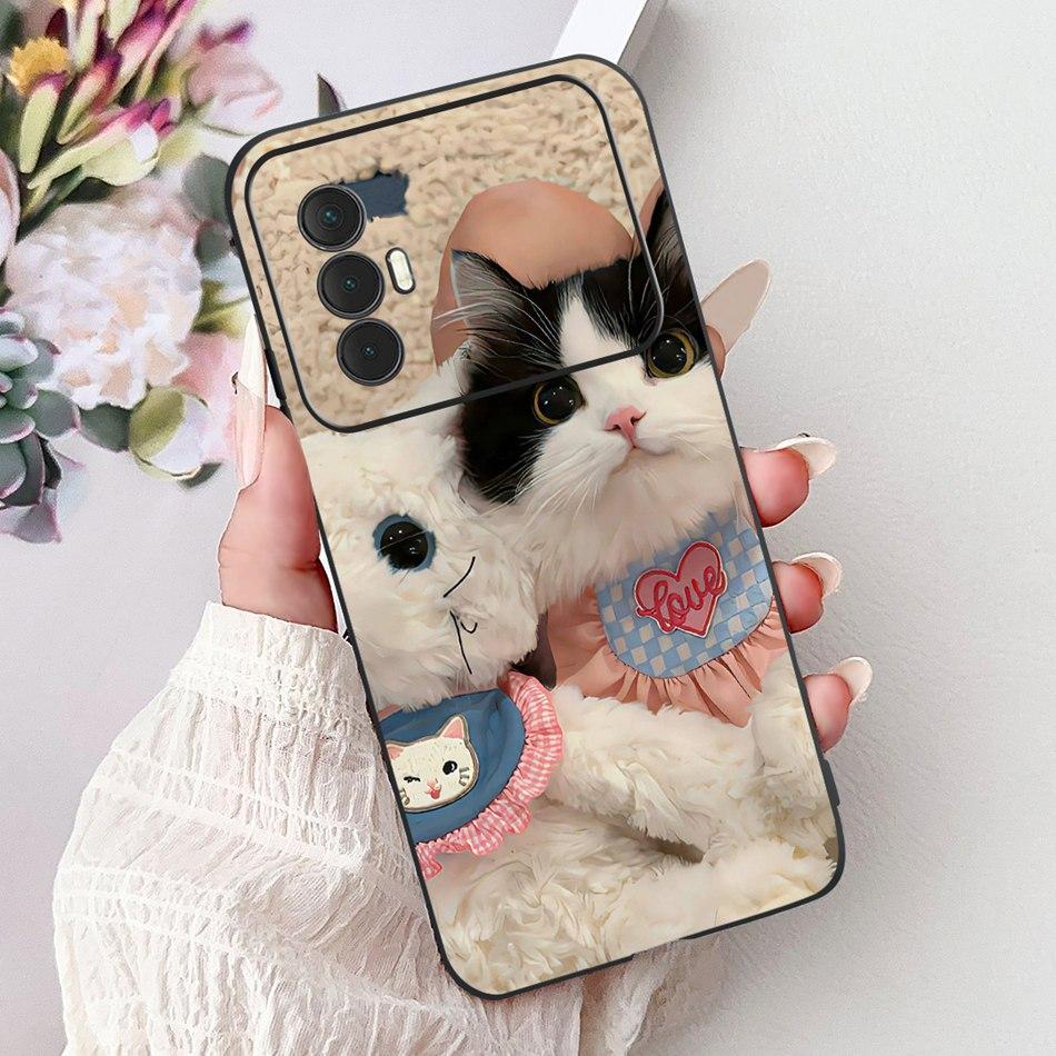 For Tecno Spark 8 Pro 8T 8P Elegant Floral Cat Phone Case For Tecno Spark8 8T 8P 8Pro Black Silicone Soft TPU Cases Bumpers