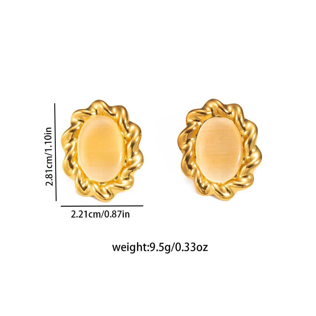 Gold Twist Retro Stainless Steel Gemstone Stud Earrings for Women