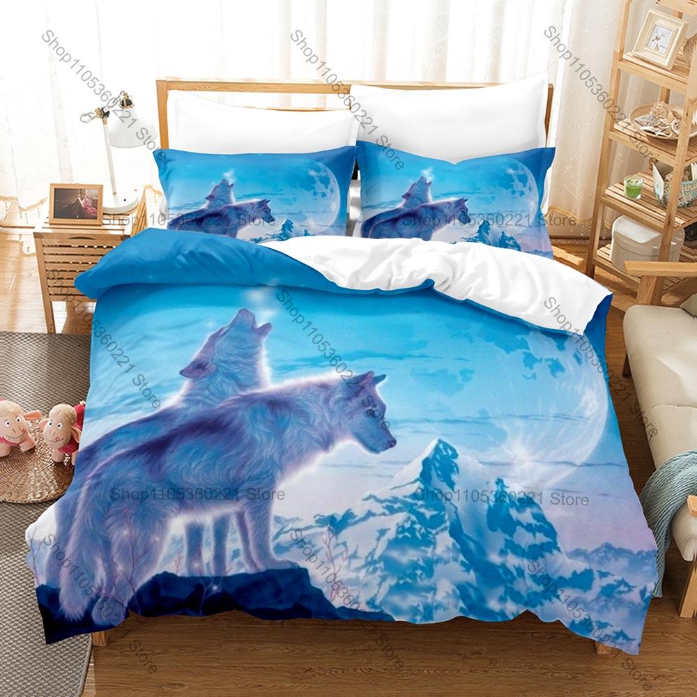Wolf Majestic Howling Wild Forest Beast Vintage Wildlife Animal Art Bedding Set Duvet Cover + 2 Pillowcases Animal Fan Bedroom