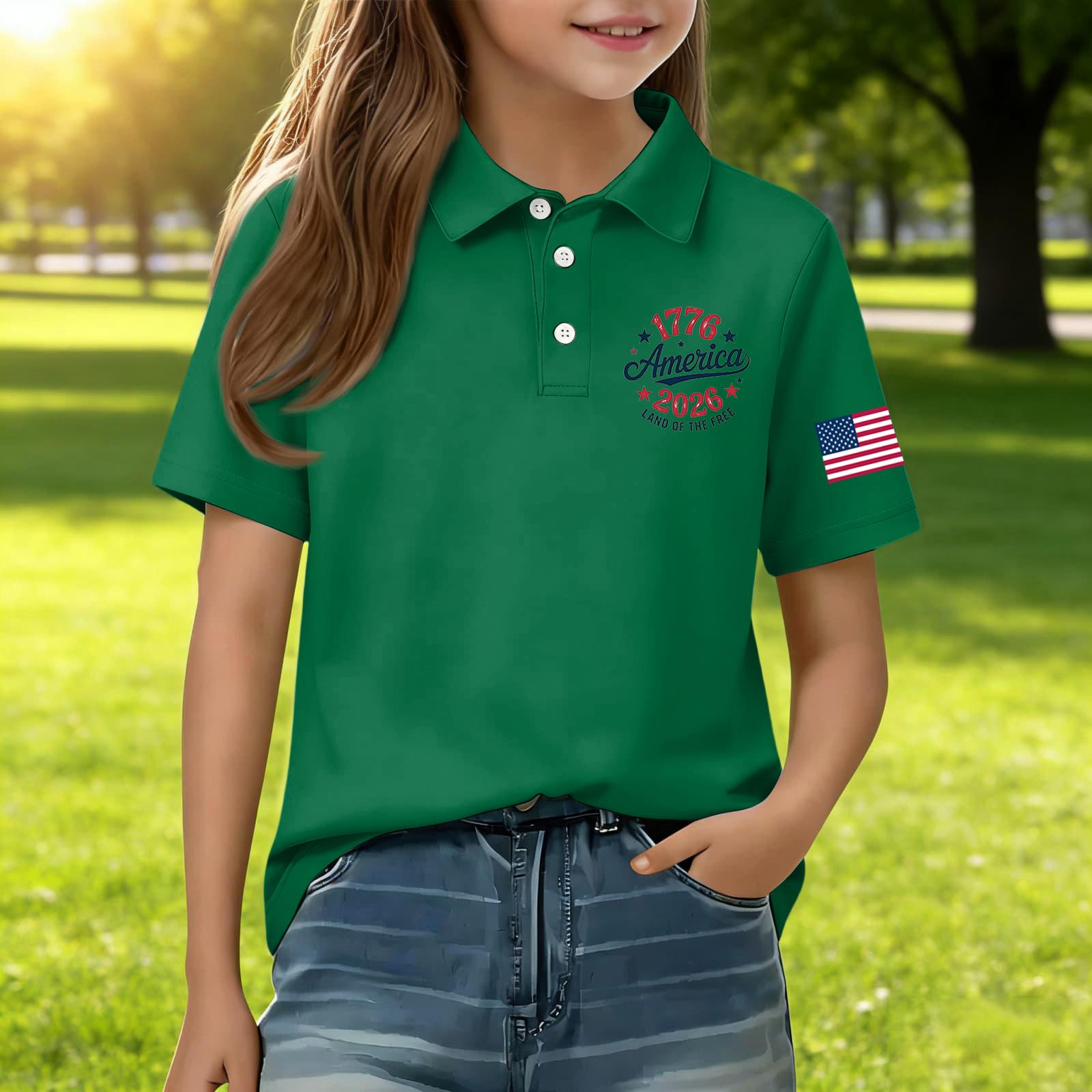 

Kids Short Sleeve Polo Shirt Casual Everyday Wear Independence Day Print Tee Shirt with Button Collar and Embroidered Sleeve Patch for Boys 150 зелёный
