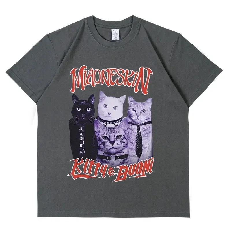 Rock band maneskin cat graphic t shirt men women vintage hip hop oversized cotton T-shirt Harajuku aesthetic T shirts streetwear