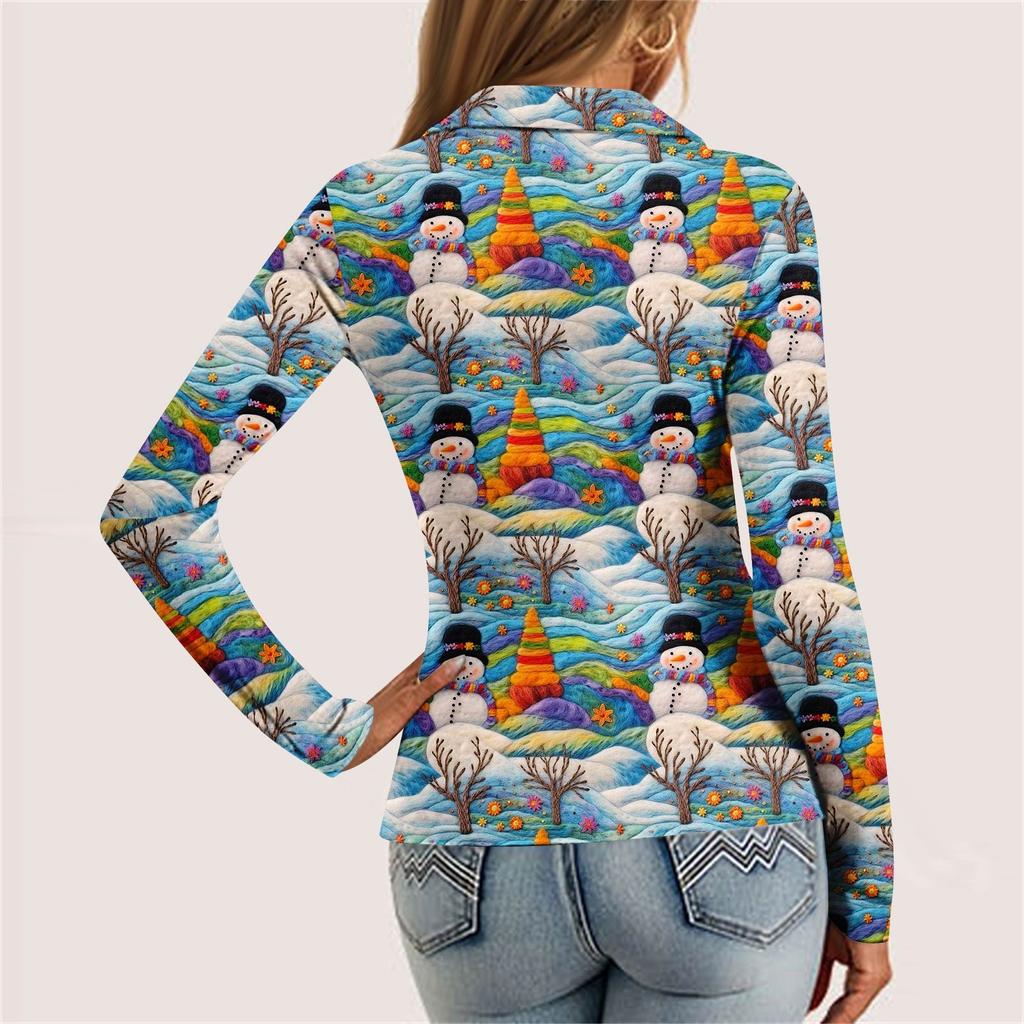 Damenmode Lässig Bedrucktes V-Ausschnitt Langarm Knopfleiste Oberteil