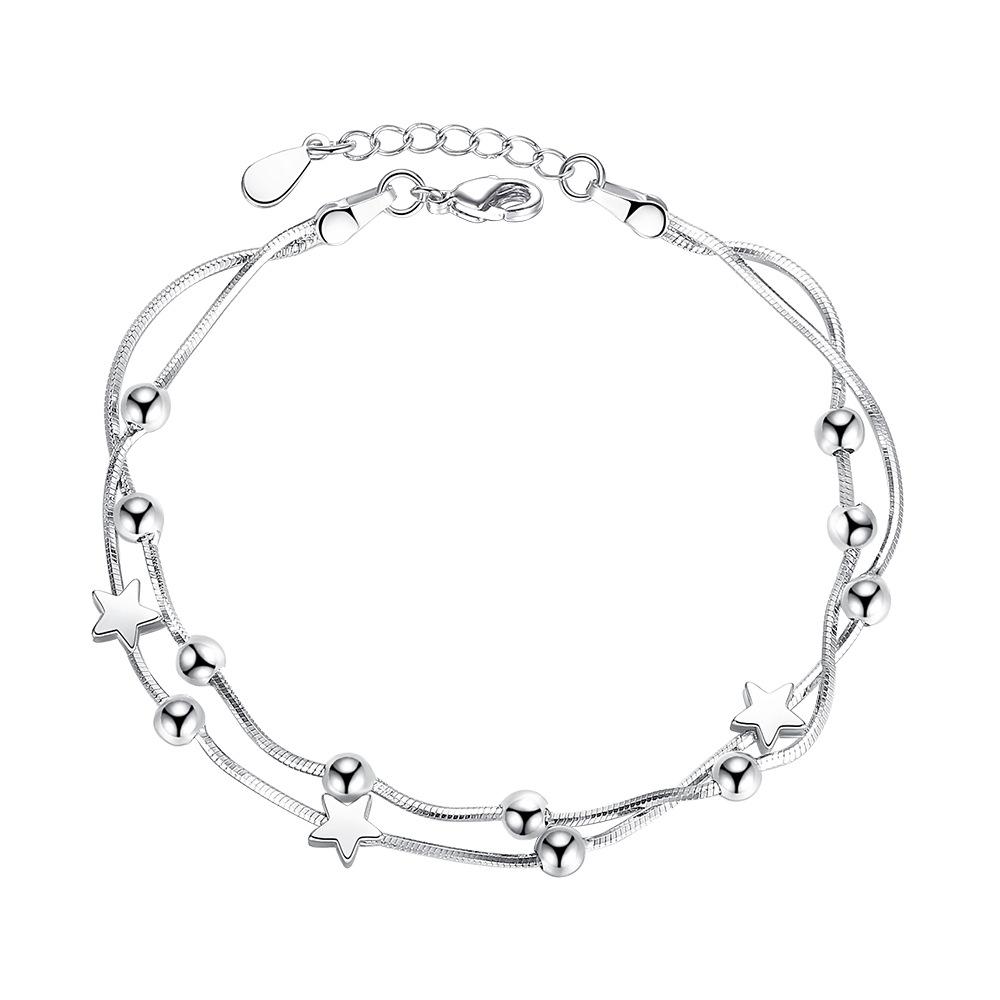 925 Sterling Silver Fashion Beaded Star Square Bracelet Gift Jewelry