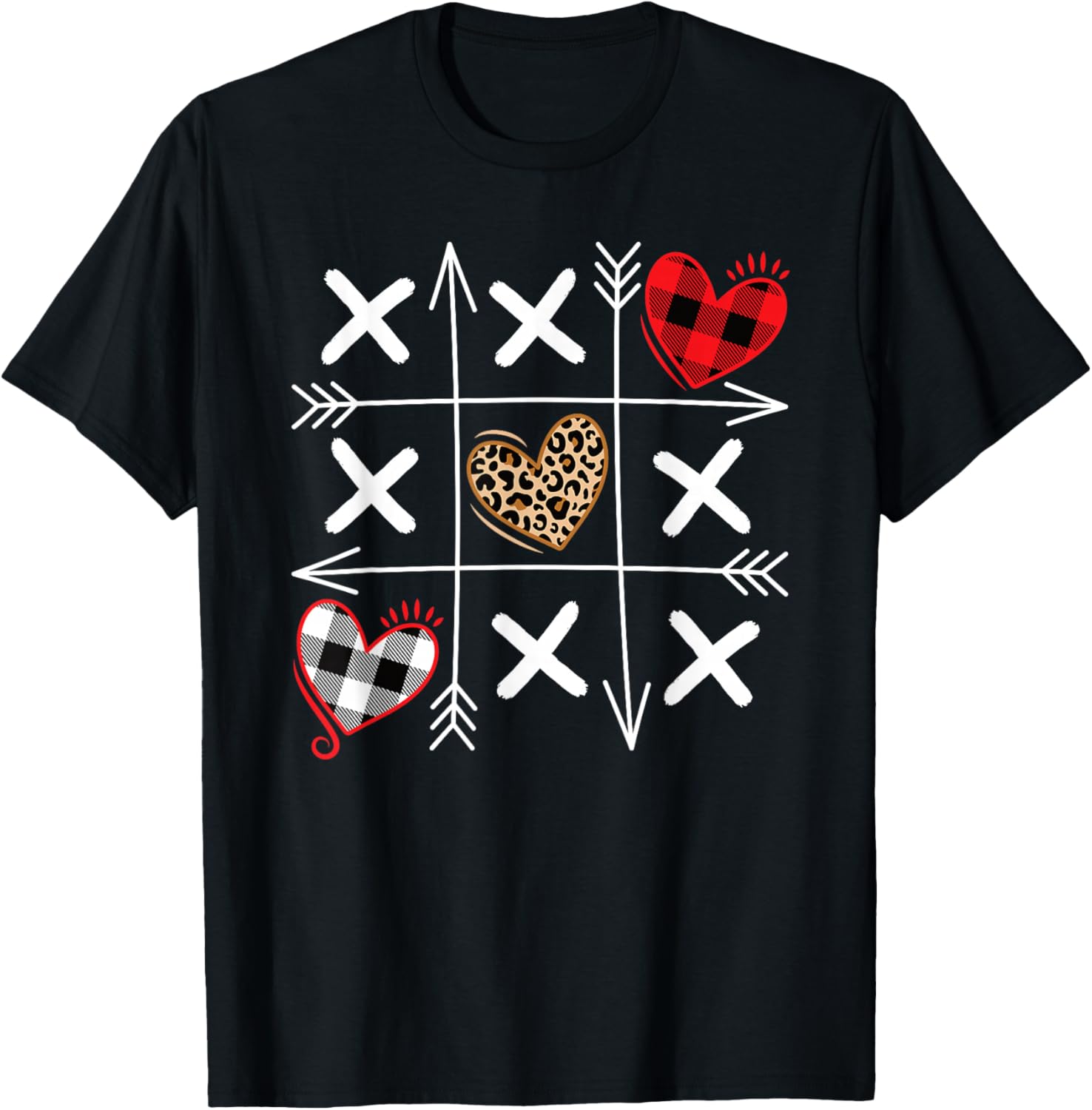 

Leopard Plaid Heart Tic Tac Toe Graphic Tee Soft Cotton Casual Short Sleeve T-Shirt for Men Women 4XL