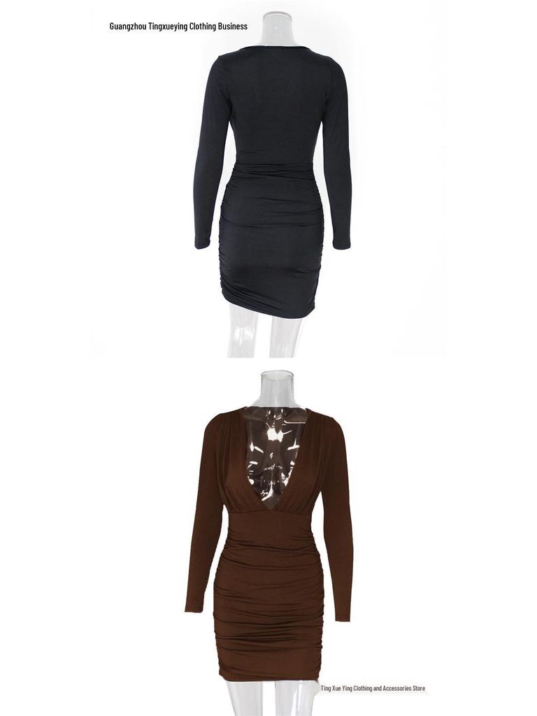 European Sexy Deep V Ruffled Bodycon Dress for Autumn/Winter