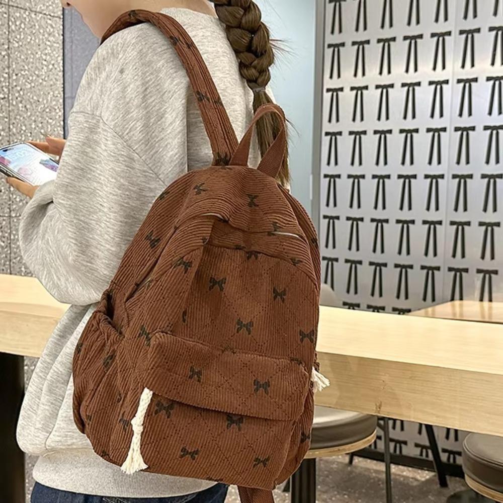 Fashion Bowknot Printed Women's Backpack Corduroy Large Capacity Students Backpack Travel Rucksack Women