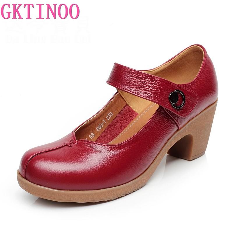 Fashion GKTINOO Spring Autumn Shoes Woman 2025 Genuine Leather Women Pumps Lady Leather Round Toe Platform Shallow Mouth Shoe Size 32-42
