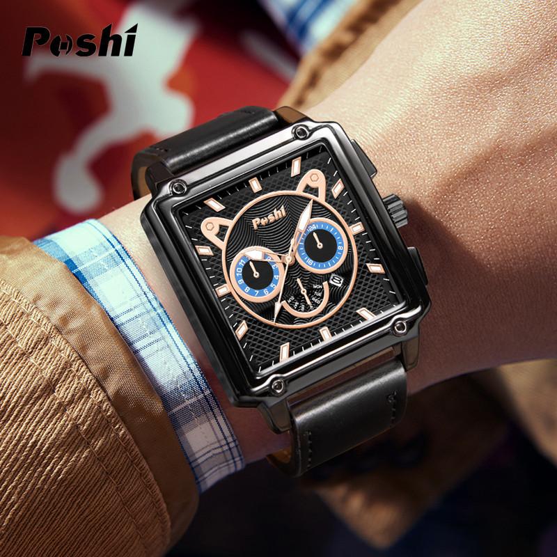 POSHI Square Watch Men's Glow-in-the-dark Waterproof Quartz Watch Multi-functional Calendar Leather Watch