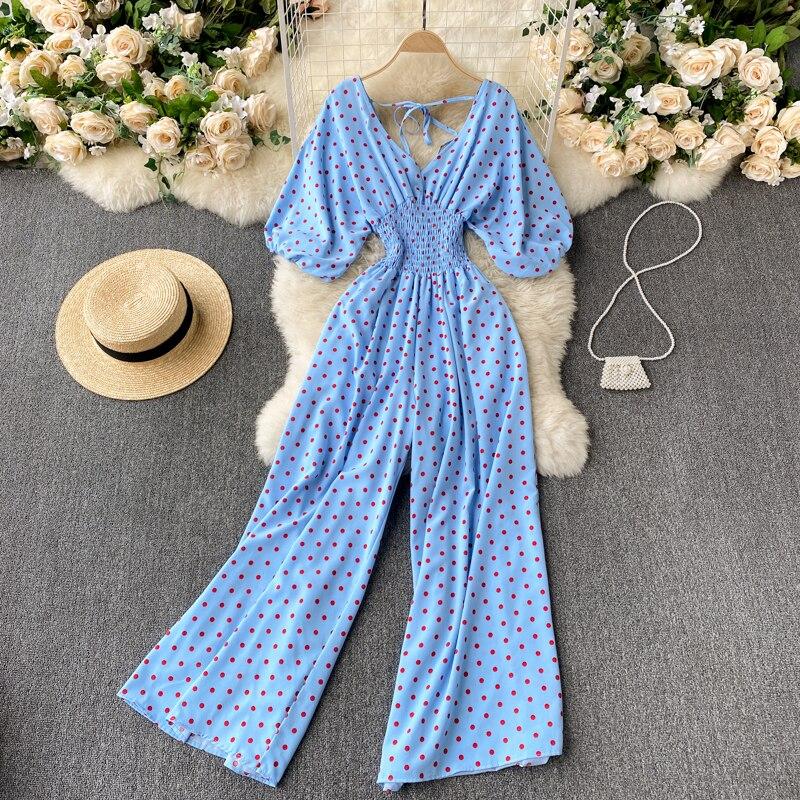 Summer Women Sexy Polka Dot Jumpsuits  Ladies Loose Wide Leg Pants Overalls Playsuits Casual Jumpsuits